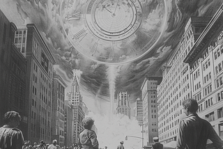 Image of a giant clock in the sky over a city with people staring up at it. Created by author on Midjourney.