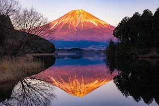 A volcano reflects in a lake like a mirror