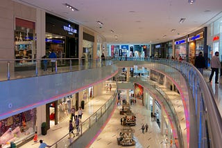 Inside of a shopping mall, looking at different levels