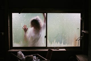 View through a window with a person clinging to it from the outside.