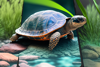 A turtle is crawling on a mobile phone