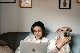 A frustrated looking person sitting on a couch at home, in front of a computer, mindlessly petting their dog while they ponder a problem they are having