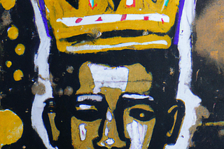 ai text prompt: dalle2: Graffiti art on a concrete wall showing black athletic football player wearing a golden crown, spray paint, oil stick, acrylic, crayon