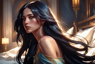 A hot woman with long black hair, sitting on a bed with shoulders bared.