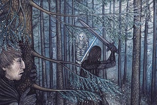 Illustration of a snowy forest at night. In the foreground, a frightened ranger hides behind a tree, gripping the trunk. Deeper in the woods, another ranger raises his sword to face several pale, ghostly White Walkers standing silently among the trees.