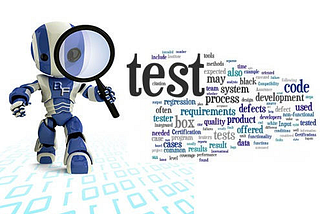 A robot inspecting the 1 and 0 bytes with background text using words like test, process, code, development, quality, result