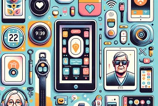 “An illustration featuring a collage of top 10 smart-tech gadgets for seniors, as featured in the article ‘Gift Ideas: Top 10 Smart-Tech Useful Gadgets for Seniors on Amazon’. The image includes representations of a simple smartphone, a digital photo frame, a personal emergency response device, a smart assistant device, a health monitoring smartwatch, a user-friendly tablet, an audiobook reader, an automatic pill dispenser, a key finder, and a smart home thermostat.