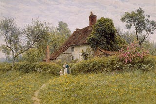 An English Cottage, with hedgerows, and a mother, with a child, and a babe in her arms, standing before it.