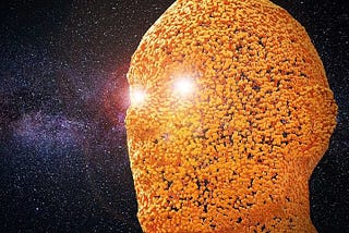 A human face made with small yellow squares in space.