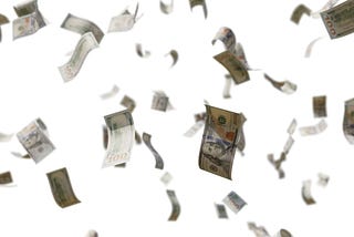100-dollar bills fall through the air in a 3D render.