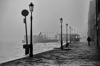A black-and-white photo of a city dating from near World War II.