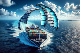 ChatGPT & DALL-E generated panoramic image of a container ship with a parafoil kit tethered to the bow, sailing in the open ocean.