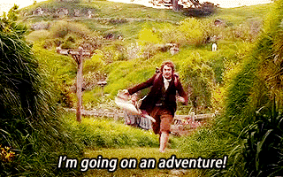 Scene from The Fellowship of the Ring, with Frodo Baggins running in The Shire, exclaiming, “I’m going on an adventure!”