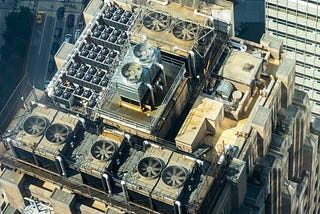 Aerial view of factory rooftop air conditioning units