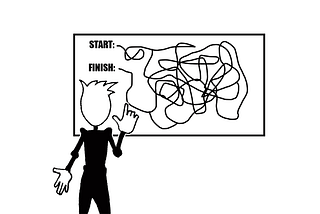 A cartoon figure of a human looks a convoluted map on the wall trying to figure out what route to take.