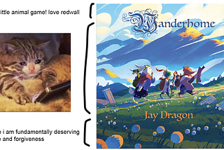 a meme about Wanderhome. on the right side is the cover of the system’s book. on the left are three indicted sections: from top to bottom, the first is a small selection labelled “cute little animal game! love redwall”, the second is a large middle section labelled by a photo of a crying cat staring at a phone, and the last is the end of the cover labelled “maybe i am fundamentally deserving of love and forgiveness”