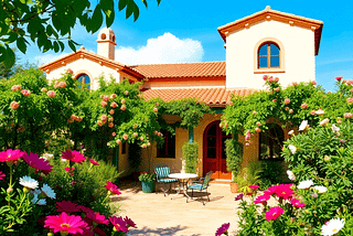 A picturesque Spanish villa with terracotta roofs and arched windows, surrounded by lush greenery and blooming flowers under a clear blue sky, exuding Mediterranean charm.
