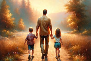 An image depicting a father walking hand-in-hand with his two young children along a sunlit country path. The father, dressed in a casual shirt and trousers, leads a boy and a girl who are both dressed in light, summery clothes. The golden light of the setting sun bathes the scene in a warm glow. The surrounding landscape is lush and tranquil, with trees and wildflowers, suggesting a peaceful day. The children look up to their father, symbolizing trust and guidance.