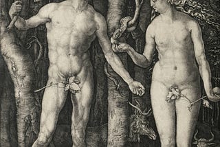 A woodcut print of Adam, Eve, and the serpent in the Garden of Eden