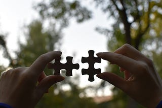 Picture of two hands holding up puzzle pieces.