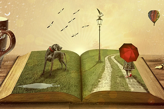 an open book with a 3D scene: greyhound and child holding red umbrella in wet grass looking at birds and a hot air balloon