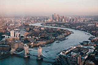 London, UK aerial photo facing east overlooking London Bridge.