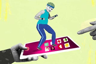 This is an image created for NPR by Katherine Streeter. It shows a person wearing workout gear while standing on top of a cell phone. On the cell phone, you can see applications with symbols relating to health and wellness—such as a read heart, an orange slice, and more. The background is a nice green with some yellow.
