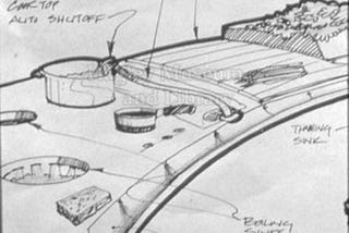 Sketches of “Universal Kitchen”, combining cooking, food prep and sink areas with height-adjustable countertops.