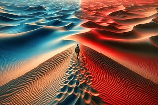 A lone seeker tries to walk a difficult line in the sand in a desolate landscape of dunes.