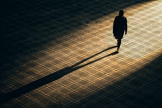 Here is a person walking, seeing its shadow projected, mysterious, representing the idea that we cannot know someone from their exterior appearance and possessions but only through an understanding of thoughts.