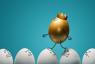 A golden egg wearing a crown and superior smile stepping on the faces on plain white eggs with an array of upset faces