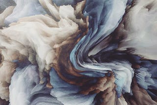 Abstract painting of white, blue, and brown smoke.