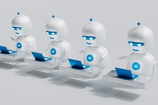 Four robots sitting with computers