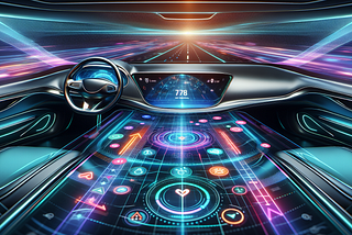 A futuristic car interior with a holographic augmented reality display projected on the windshield, showcasing navigation, speed, and nearby points of interest.
