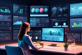 A digital workspace filled with multiple screens, each displaying different graphs and lists of keywords categorized by relevancy and topics; mix of technological and calm, organized ambiance, with soft lighting and a person thoughtfully analyzing the data.