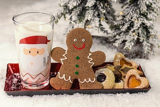 Santa glass of milk on a plate filled with cookies