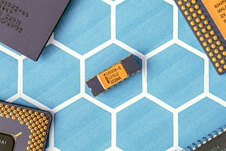 Microchip in the middle of blue hexagon patterns