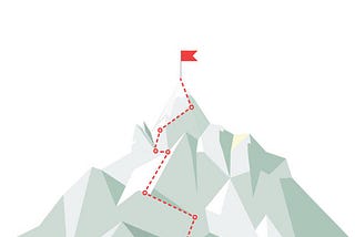 A geometric light green mountain with a winding red dashed line going up to the top, where there is a red flag at the peak