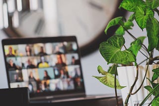 Laptop open with blurred screen of 20 tiles of people on a video call. Plant with green leaves in focus on the right.