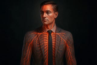 A man in a suit stares forward with a calm, serious expression. His entire body is overlaid with glowing red neural or vascular patterns, symbolizing an activated nervous system. The image visually represents internal stress, emotional intensity, and hidden trauma beneath a professional exterior.