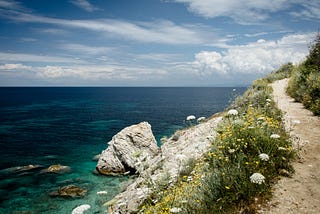 path near a cliff overlooking the deep blue ocean