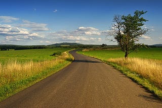 Estrada de asfalto com gramas ao redor e uma arvóre alta ao lado direito da estrada. Céu azul com algumas nuvens brancas ao fundo.