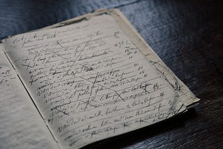 Handwriting in an old notebook on a dimly-lit tabletop.