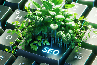 Alt text: Lush green plant thriving amidst the keys of a computer keyboard.