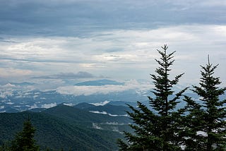 Mountains and green pines. Perhaps the Appalachians.