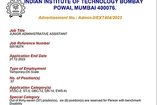 IIT Bombay Recruitment 2023 for Junior Administrative Assistant