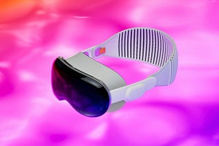 A picture displaying an AR/VR headset called Apple Vision Pro. The background is bright purple, pink and red.