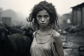 The 16 years old girl who lives in a slum. Kodak Tri-X 400 photography. Skinny teenage girl with messy hair and dirt on her face in a slum. Black sheeps behind her. Image generated by henrique centieiro and bee lee on MidJourney.