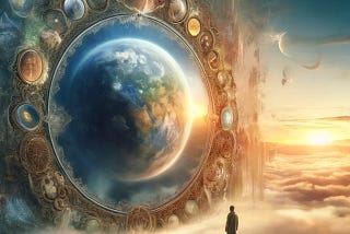 A profound and emotional scene showing the entire world looking at itself in a giant, ornate mirror. The mirror reflects the past, present, and future of humanity and Earth, with images blending into each other to create a sense of continuity and interconnectedness. The background features a serene natural landscape with elements representing different time periods. The overall atmosphere is introspective, conveying the complexity and depth of our reality and the need for a sustainable future. T