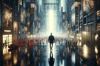 Create an intricate, hyper-detailed, and ultra-realistic image portraying an elegant metropolitan city. The imagery should feature a lone human figure, the subject of an editorial photoshoot captured using a 70mm lens with a shutter speed of 1/1000 and F/2. The white balance should be at 32k. The image should represent super-resolution and megapixel professional photography. The lighting conditions include half rear, backlight, natural, incandescent, optical fiber, moody, cinematic, studio, soft, volumetric, contre-jour, accent, and global illumination, creating a highly detailed scenery that teems with variance. The special lighting effects include screen space global illumination and ray tracing. Emphasize optical phenomena like scattering and glowing, creating vivid and compelling shadows. Incorporate elements representing rough and shimmering textures and reflections using techniques such as lumen reflections, ray traced and screen space reflections. Add details like diffraction grating, chromatic aberration, and GB displacement with visible scan lines. Utilize post-production processes like cell shading and tone mapping for achieving a high-end conceptual feel. Render with volumetric lighting, high contrast, and HDR to portray the city environment with the darkest teal, dark blue, medium teal, light blue, and mint color palette.